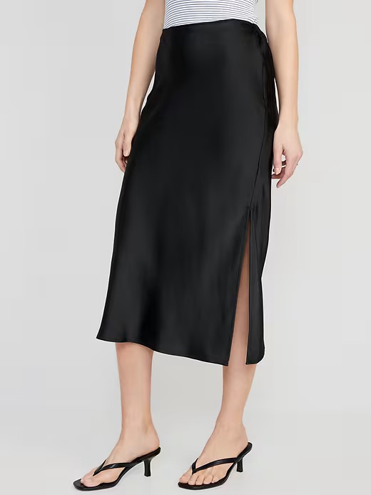 New | Old Navy | Black Satin Minimalist Midi Slip Skirt With Side Slit | Size M